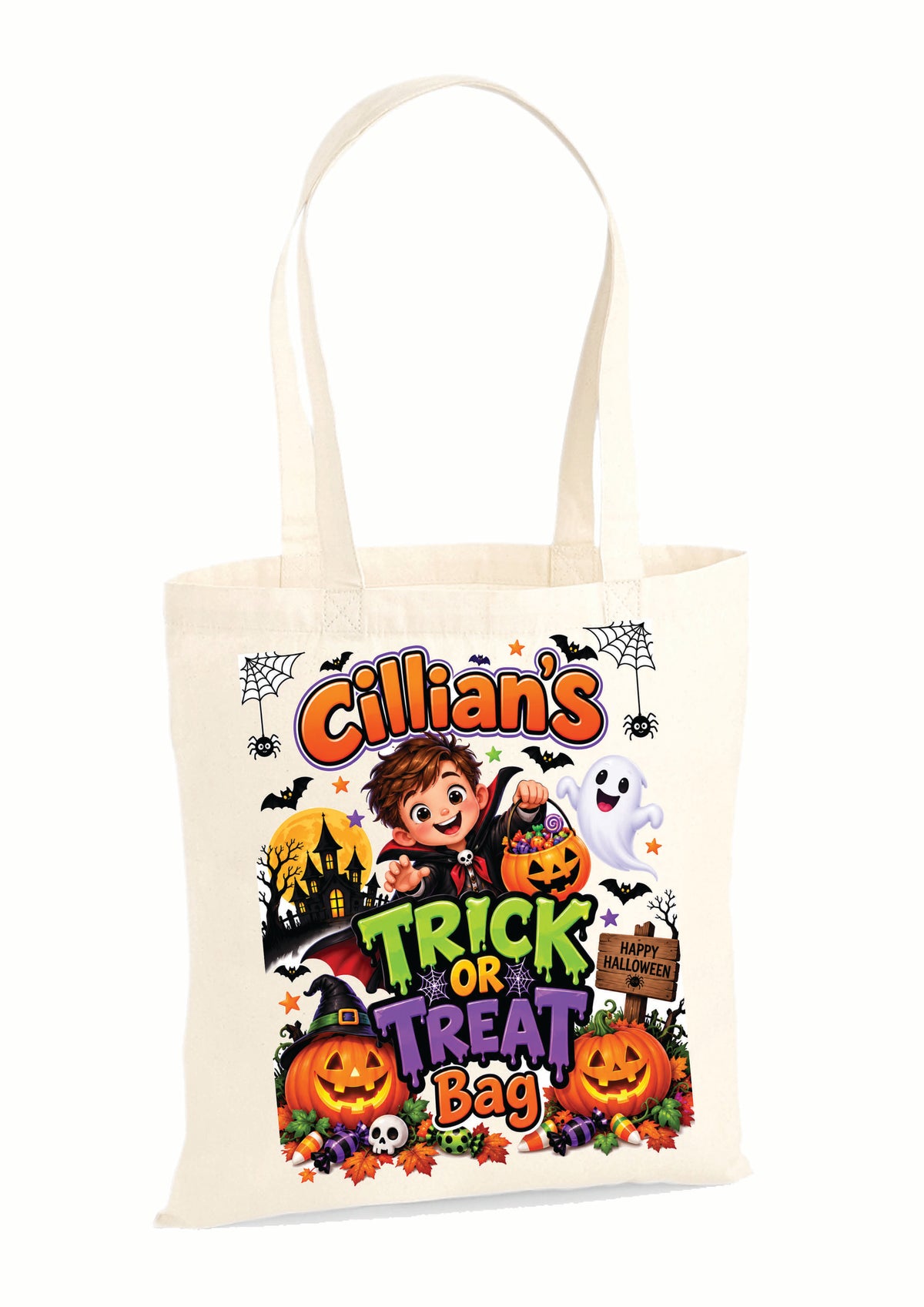 An off-white canvas tote bag with long handles, featuring a colorful Halloween-themed graphic print that reads 'Cillian's Trick or Treat Bag' with pumpkins, a ghost, a child, and bats.