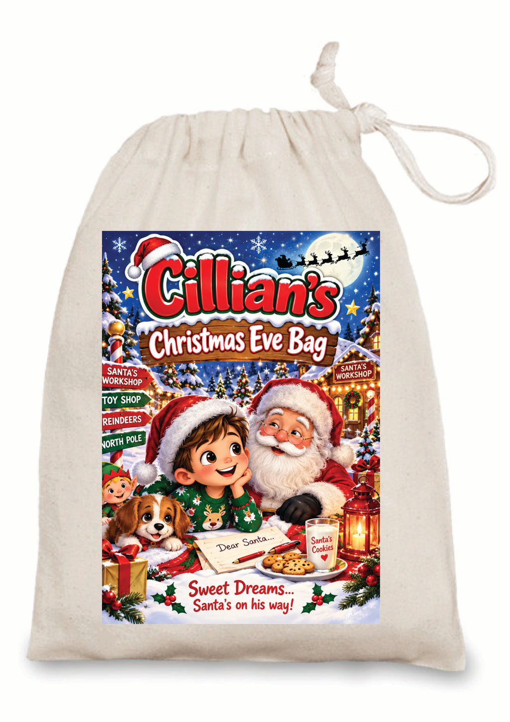 A personalized Christmas Eve drawstring sack featuring a colorful printed graphic of a child, Santa Claus, a dog, and festive holiday scenes. The sack is made of a light beige canvas-like material and is shown against a plain white background.
