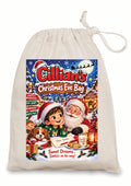A personalized Christmas Eve drawstring sack featuring a colorful printed graphic of a child, Santa Claus, a dog, and festive holiday scenes. The sack is made of a light beige canvas-like material and is shown against a plain white background.