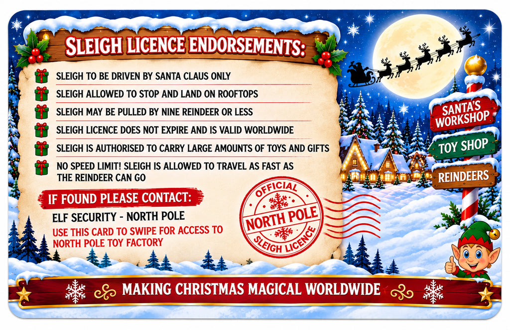 A festive Christmas-themed novelty card or sign with text reading 'Sleigh Licence Endorsements' and holiday illustrations including Santa in the sky, reindeer, a moon, snowy trees, gift boxes, and shop signs for Santa's Workshop, Toy Shop, and Reindeer.