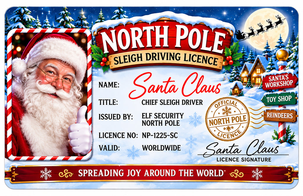 A festive North Pole sleigh driving licence card for Santa Claus, featuring a portrait of Santa on the left, winter scenery with Santa's Workshop and reindeer on the right, and text fields for name, title, issuer, licence number, and validity.