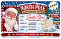A festive North Pole sleigh driving licence card for Santa Claus, featuring a portrait of Santa on the left, winter scenery with Santa's Workshop and reindeer on the right, and text fields for name, title, issuer, licence number, and validity.