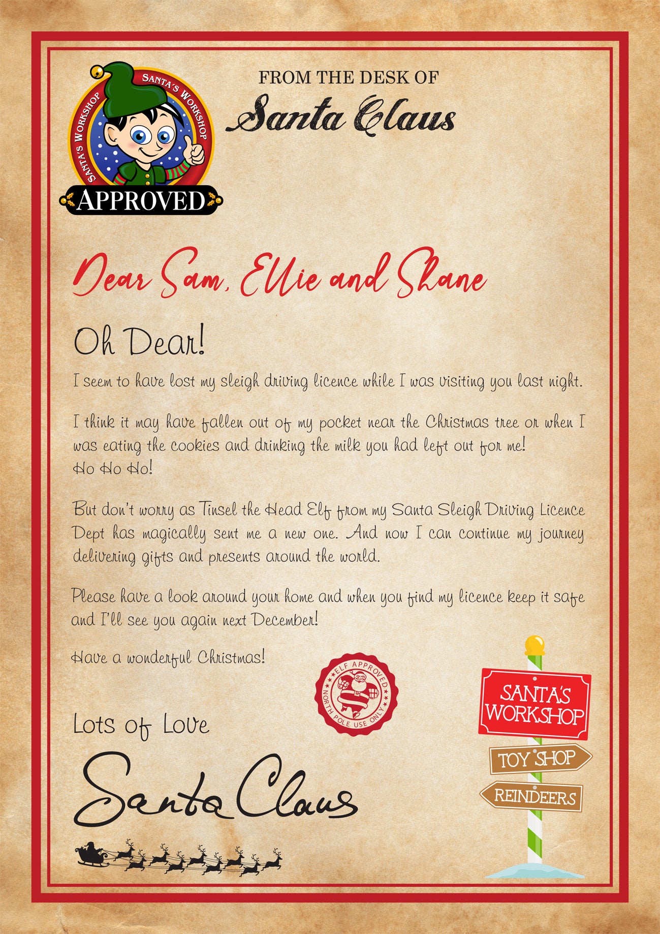 Santa's Lost Driving/Sleigh Licence & Letter
